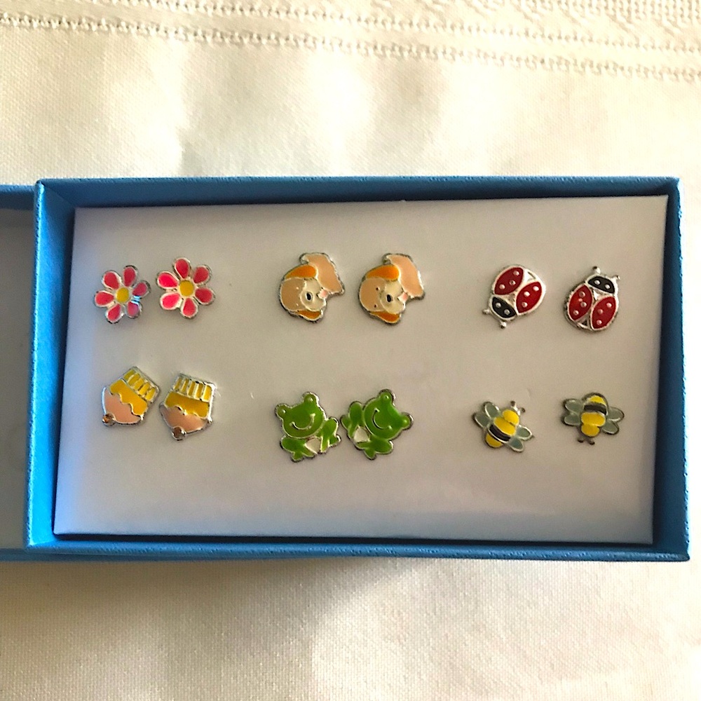 6 pair new Avon earrings. Puppy dog, flower, lady bug, bees, cupcakes, frog
